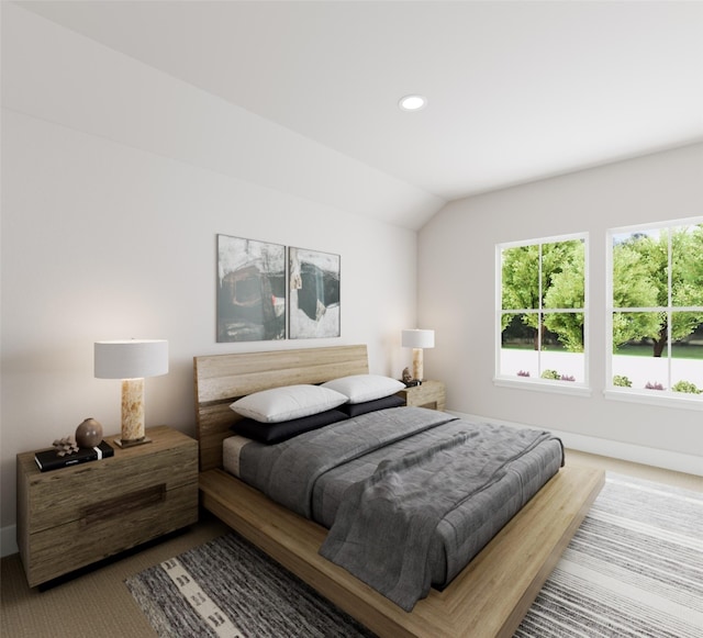 carpeted bedroom with lofted ceiling, baseboards, and recessed lighting