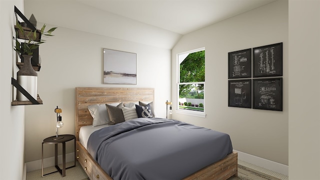 carpeted bedroom with lofted ceiling and baseboards