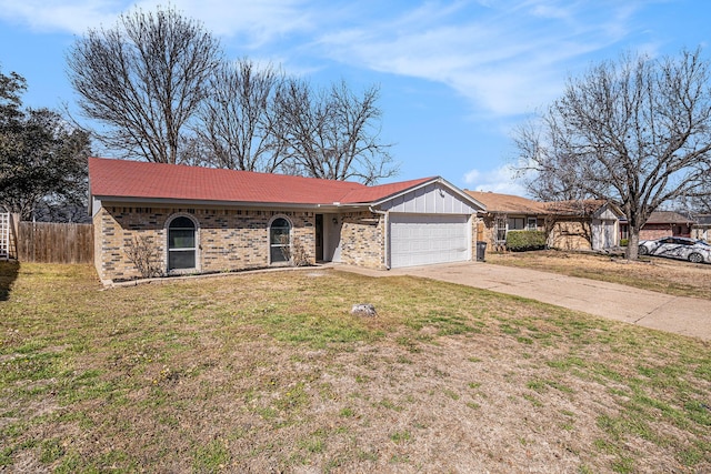 ranch-style house with a garage, driveway, fence, a front lawn, and brick siding