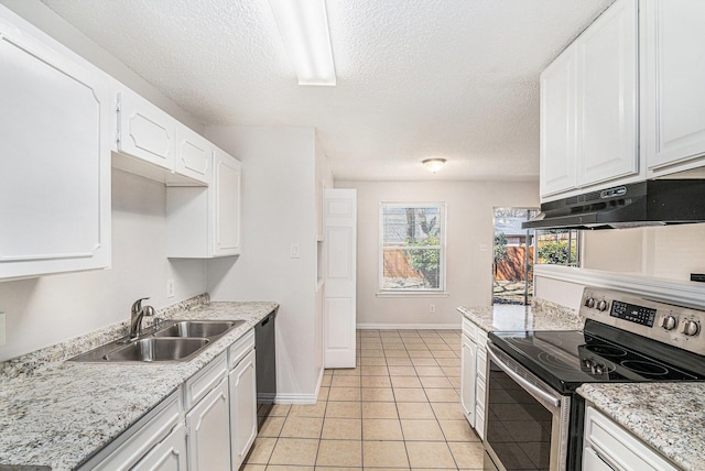 kitchen with under cabinet range hood, white cabinetry, stainless steel electric stove, and a sink