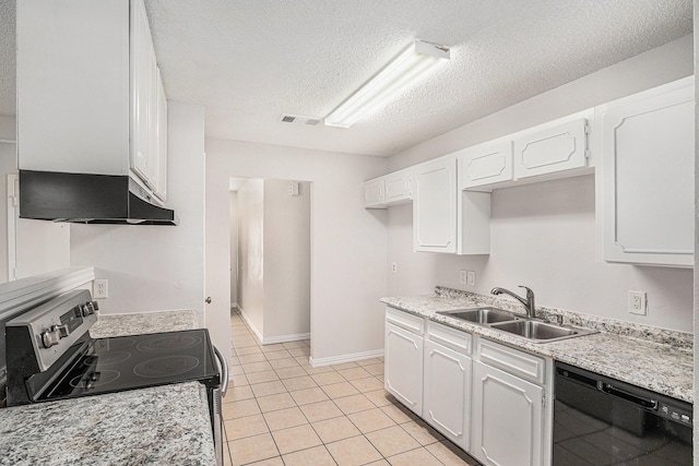 kitchen featuring under cabinet range hood, electric range, a sink, white cabinetry, and dishwasher