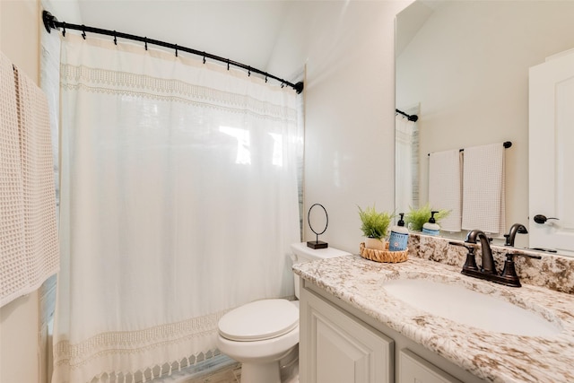 full bathroom with toilet, a shower with shower curtain, and vanity