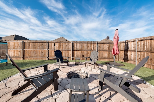 view of patio featuring an outdoor fire pit and a fenced backyard