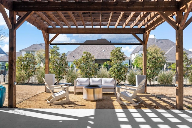 view of patio with a pergola, fence, and an outdoor hangout area