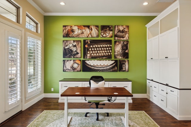 office area featuring ornamental molding, baseboards, and dark wood-style floors