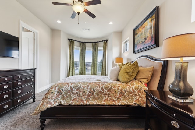 bedroom featuring recessed lighting, carpet floors, a ceiling fan, baseboards, and visible vents