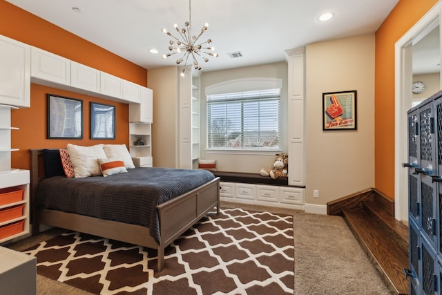 bedroom featuring recessed lighting, visible vents, dark carpet, a chandelier, and baseboards