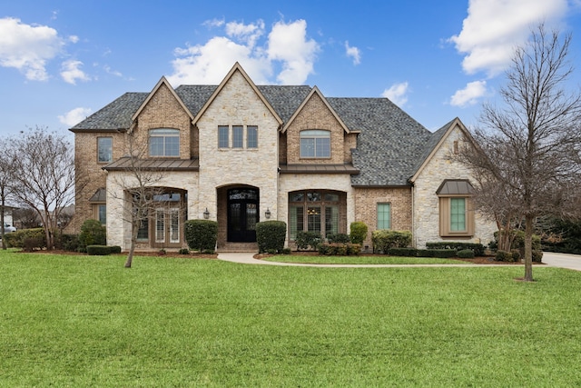 french provincial home featuring roof with shingles, a front lawn, and brick siding