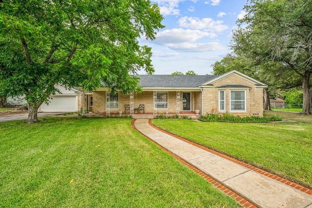 ranch-style home featuring an attached garage, covered porch, stone siding, driveway, and a front lawn