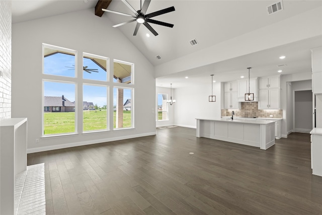 325 Waterview, Gunter, TX 75058 - unfurnished living room featuring beamed ceiling, ceiling fan, visible vents, and dark wood-style floors
