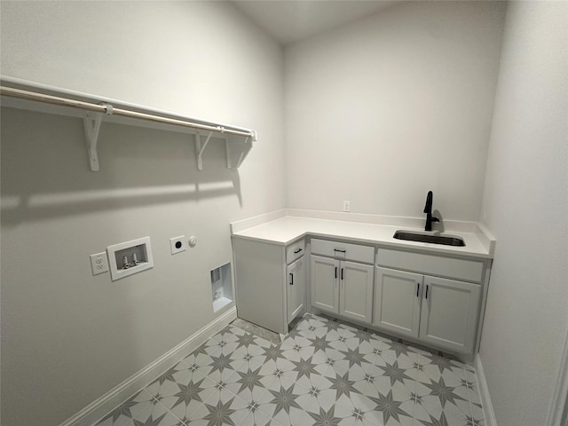 washroom featuring light floors, hookup for a washing machine, hookup for an electric dryer, a sink, and baseboards