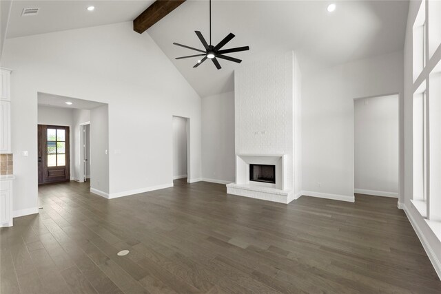 325 Waterview, Gunter, TX 75058 - unfurnished living room featuring ceiling fan, beam ceiling, high vaulted ceiling, recessed lighting, and visible vents