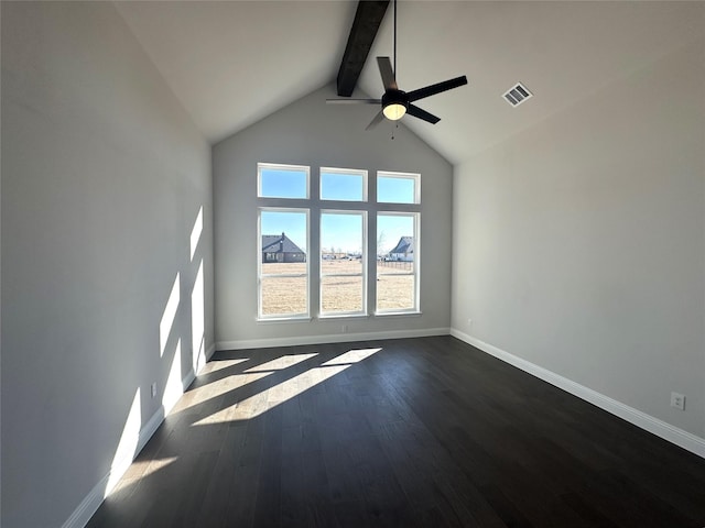 spare room with dark wood-style floors, beam ceiling, visible vents, and baseboards