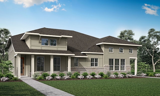 view of front of property featuring stone siding, a shingled roof, and a front yard