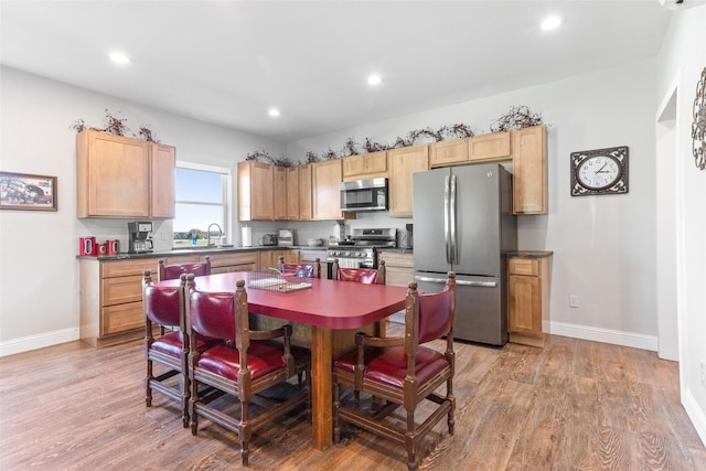 kitchen with light wood finished floors, dark countertops, recessed lighting, appliances with stainless steel finishes, and baseboards