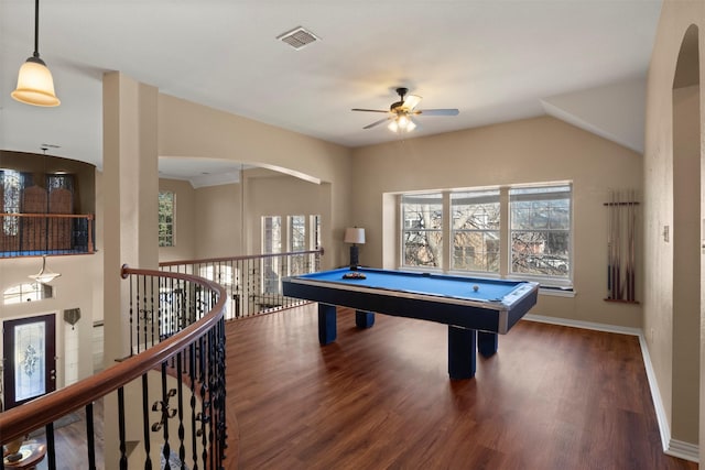 rec room featuring visible vents, baseboards, a wealth of natural light, and wood finished floors