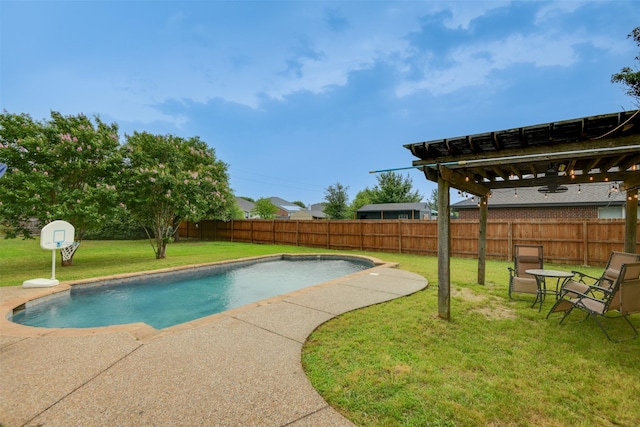 view of swimming pool with a fenced in pool, a fenced backyard, a lawn, and a pergola