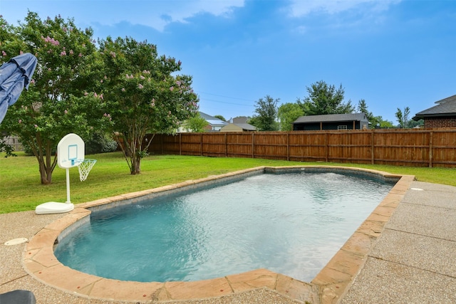 view of pool with a fenced backyard, a lawn, and a fenced in pool