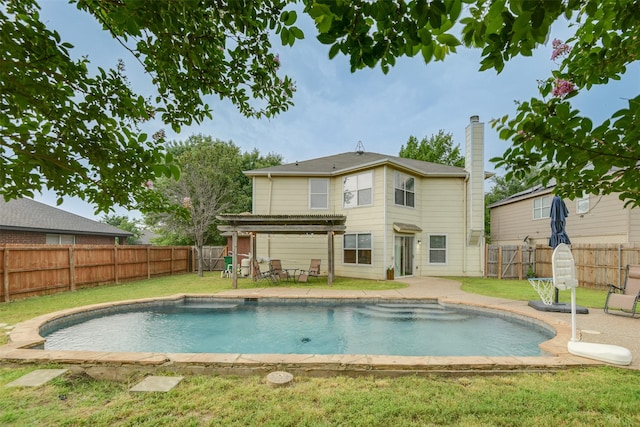 view of pool featuring a fenced in pool, a lawn, a fenced backyard, a patio area, and a pergola