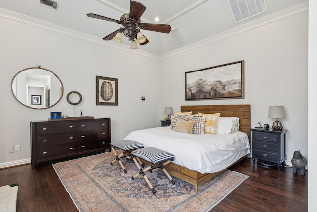 bedroom featuring ornamental molding, visible vents, dark wood finished floors, and baseboards