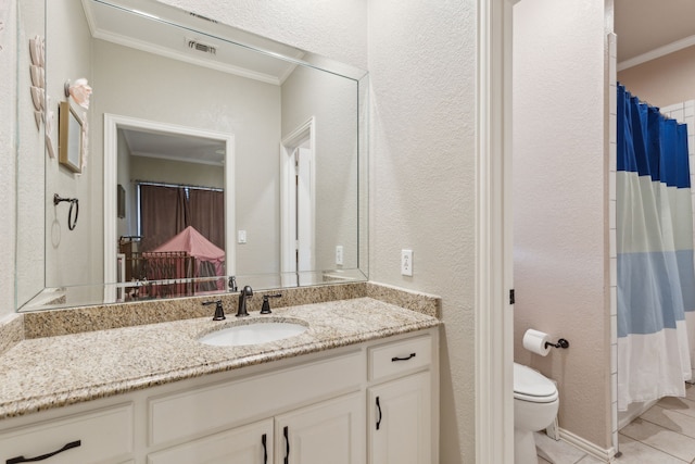 full bath with a textured wall, tile patterned flooring, toilet, vanity, and ornamental molding