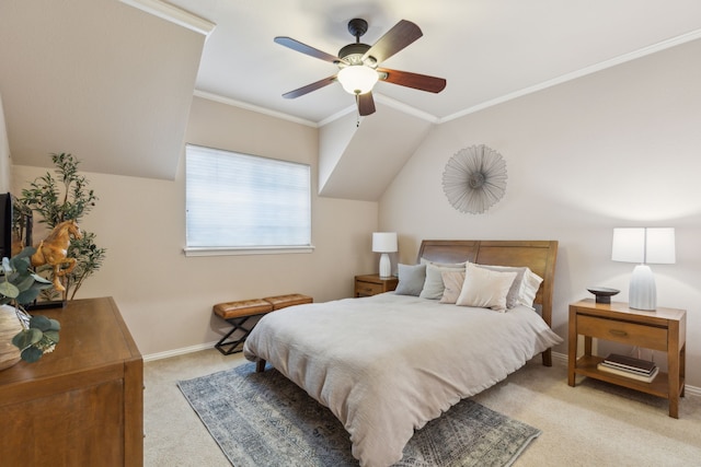 bedroom with baseboards, ornamental molding, vaulted ceiling, and light colored carpet