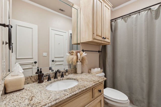 full bath with toilet, vanity, visible vents, and ornamental molding