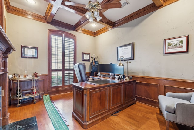 office space with beamed ceiling, wainscoting, coffered ceiling, and visible vents