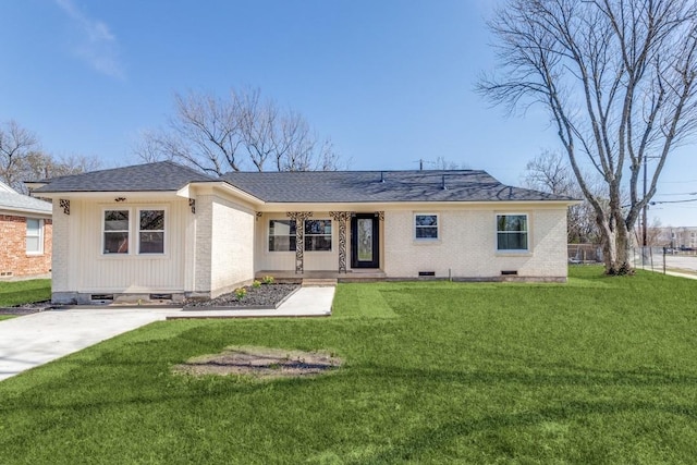 single story home with crawl space, a front yard, fence, and brick siding