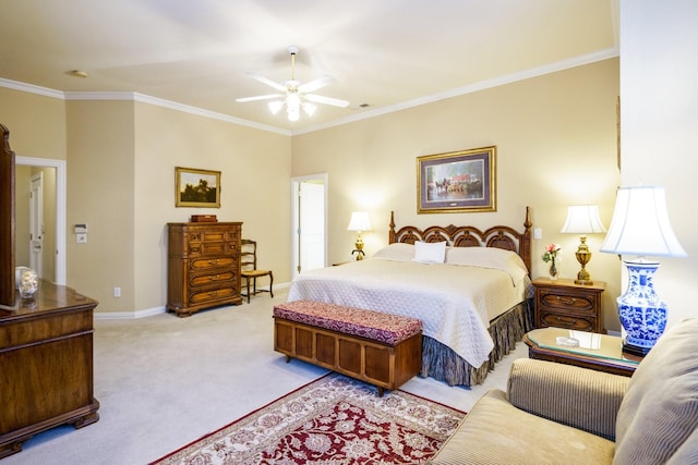 bedroom featuring visible vents, ornamental molding, a ceiling fan, light carpet, and baseboards