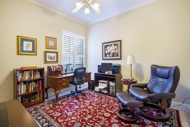 home office featuring ceiling fan, ornamental molding, and baseboards