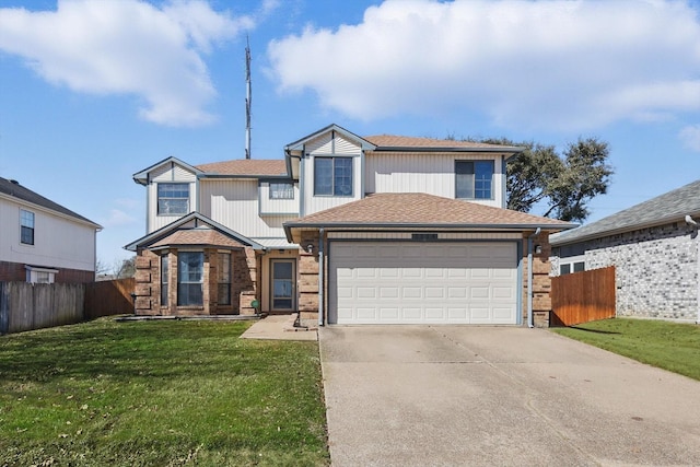 traditional home with an attached garage, driveway, a front yard, and fence