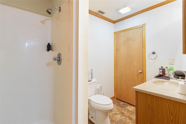 full bath featuring visible vents, toilet, ornamental molding, stone finish floor, and vanity