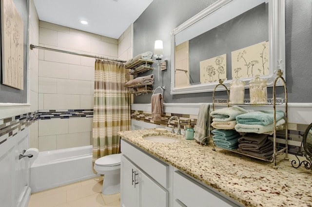 bathroom with recessed lighting, toilet, shower / bath combo, vanity, and tile patterned floors