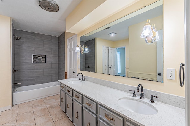 full bathroom with double vanity, a sink, bathing tub / shower combination, and tile patterned floors