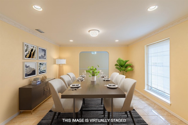 dining area with light tile patterned flooring, recessed lighting, visible vents, baseboards, and ornamental molding