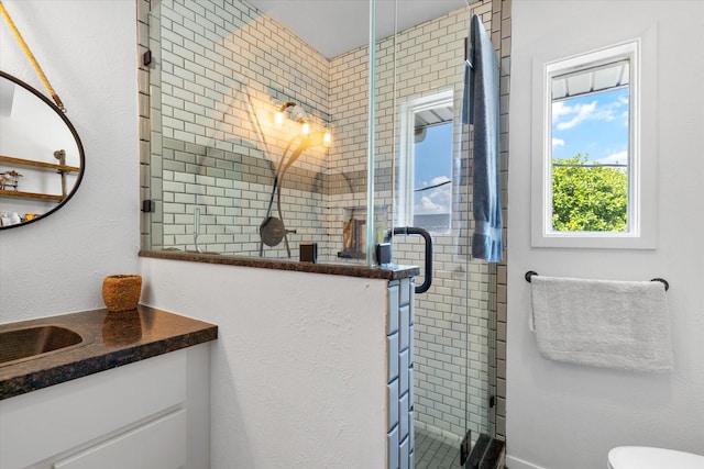 bathroom with toilet, a stall shower, and vanity