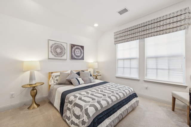 bedroom featuring baseboards, visible vents, light colored carpet, lofted ceiling, and recessed lighting