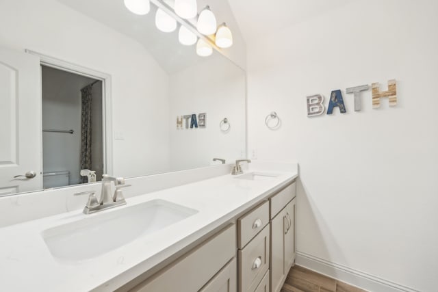 bathroom with wood finished floors, a sink, toilet, and double vanity