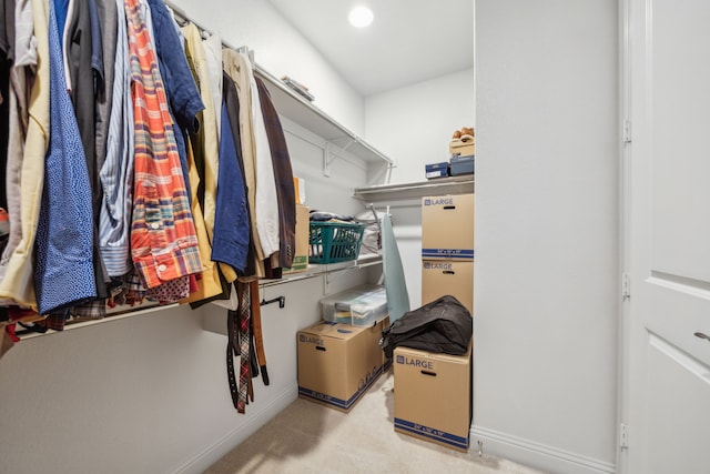 walk in closet with light carpet