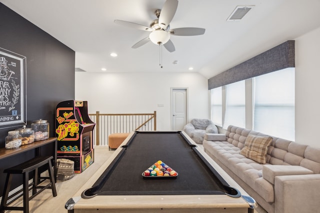 playroom with light carpet, a ceiling fan, visible vents, and recessed lighting