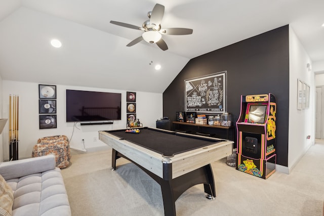 game room featuring pool table, light carpet, vaulted ceiling, and baseboards