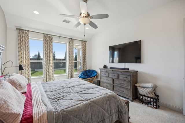 bedroom with baseboards, visible vents, a ceiling fan, light colored carpet, and recessed lighting