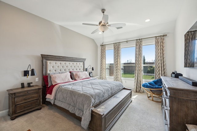 bedroom featuring light carpet, vaulted ceiling, a ceiling fan, and recessed lighting