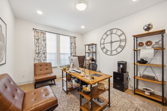 office area with recessed lighting, wood finished floors, and baseboards