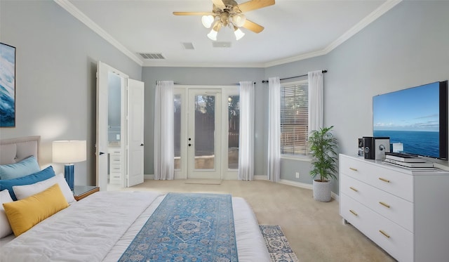 bedroom featuring crown molding, visible vents, light carpet, access to outside, and baseboards