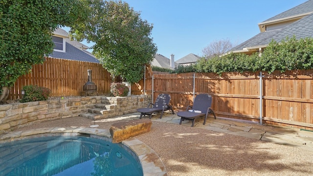 view of pool featuring a fenced in pool, a patio area, and a fenced backyard