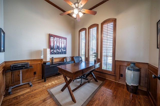 home office featuring wainscoting, wood finished floors, and a ceiling fan