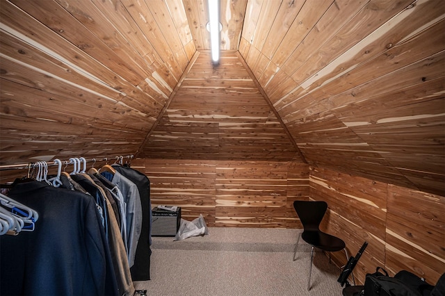 spacious closet featuring vaulted ceiling and carpet flooring