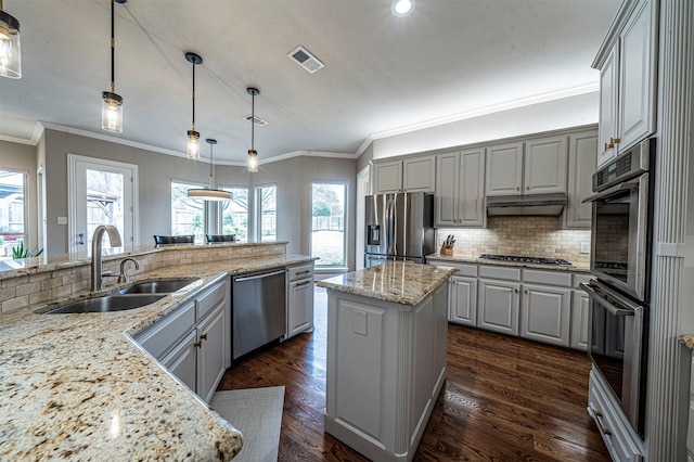 kitchen with tasteful backsplash, visible vents, appliances with stainless steel finishes, under cabinet range hood, and a sink